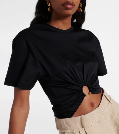 Rabanne Womens Black Ring-embellished Cropped Cotton-jersey T-shirt In Schwarz