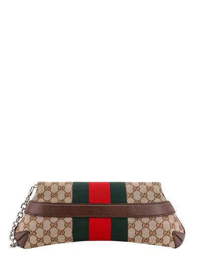 Shop Gucci Original Gg Fabric And Leather Shoulder Bag With Iconic Horsebit And Web Band