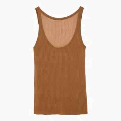 Shop Max Mara Leather-coloured Ribbed Silk Tank Top Women In Brown