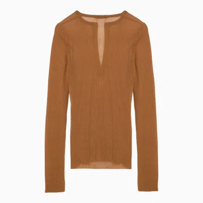 Shop Max Mara Leather-coloured Ribbed Silk Jersey Women In Brown