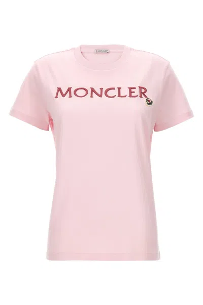 Shop Moncler Women Logo Embroidery T-shirt In Pink