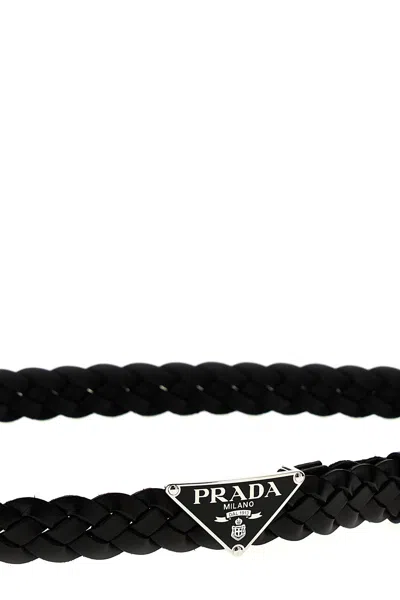 Shop Prada Men Logo Plaited Belt In Black