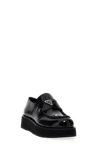 Shop Prada Women Logo Loafers In Black