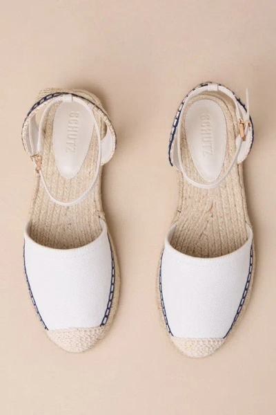 Schutz Greeca Pearl Natural Embroidered Ankle Strap Espadrille Flats In White