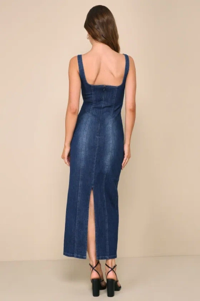 Shop Lulus Carefree Style Dark Wash Denim Bodycon Midi Dress In Blue