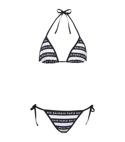 Shop Balmain Striped Logo Bikini In White