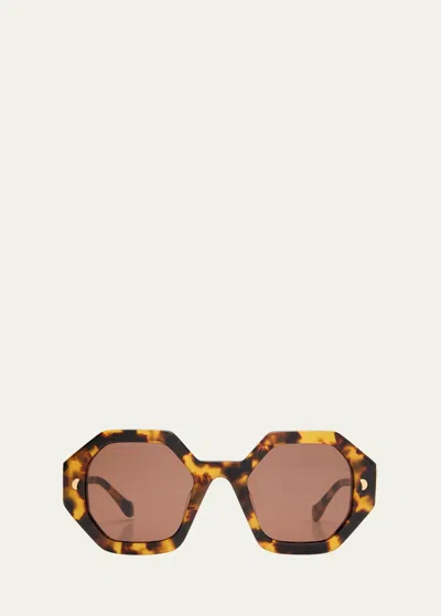 Shop Nanushka Carlen Geometric Round Acetate Sunglasses In Dark Amber
