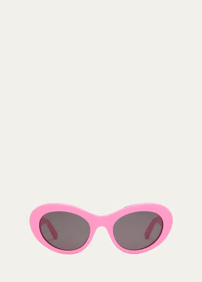 Shop Balenciaga Logo Acetate Round Sunglasses In Shiny Solid Fluo