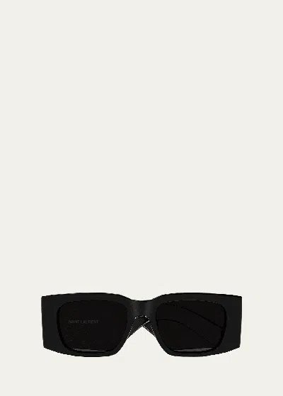 Shop Saint Laurent Micro-logo Acetate Rectangle Sunglasses In Shiny Solid Black