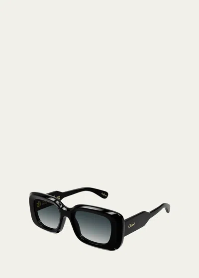 Shop Chloé Acetate Rectangle Sunglasses In Shiny Solid Black