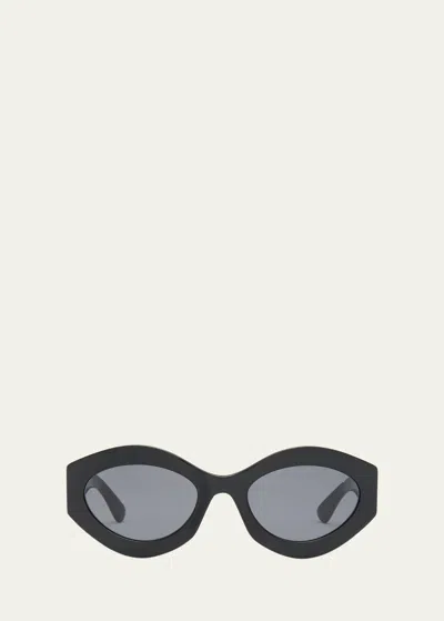 Shop Emilio Pucci Logo Acetate & Metal Oval Sunglasses In Shiny Black Smoke