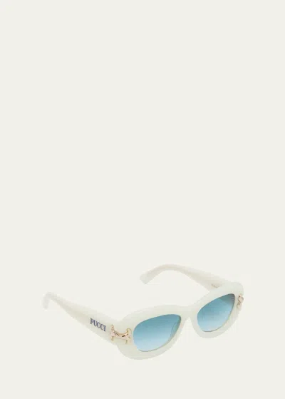 Shop Emilio Pucci Filigree Acetate Round Sunglasses In Shiny Ivory Pale