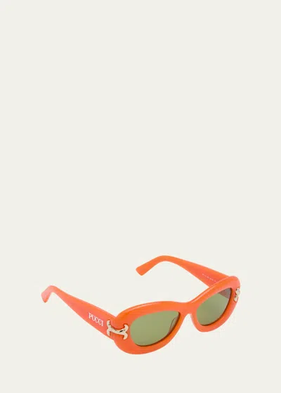Shop Emilio Pucci Filigree Acetate Round Sunglasses In Shiyn Orange Pale
