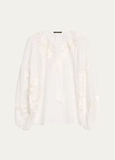 Shop Kobi Halperin Gloria Floral-embroidered Blouson-sleeve Blouse In White