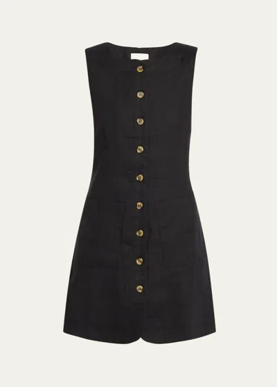 Shop Posse Emma Sleeveless Button-front Linen Mini Dress In Black