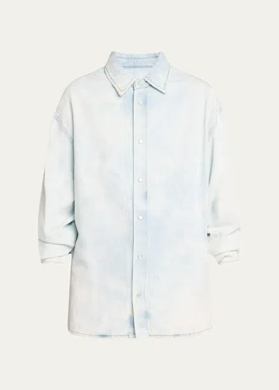 Shop Darkpark Keanu Ruched Denim Shirt In Ice Blue