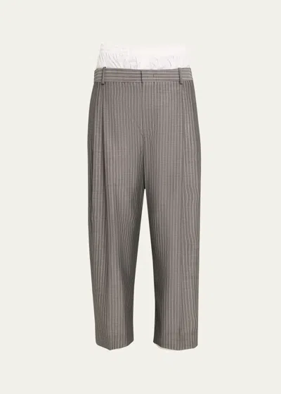 Shop Hed Mayner Men's Pinstripe Wool Boxer Trousers In Medium Grey
