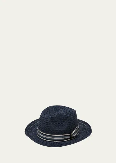 Shop Borsalino Men's Hemp-cotton Woven Fedora Hat In Blue/white Stripe