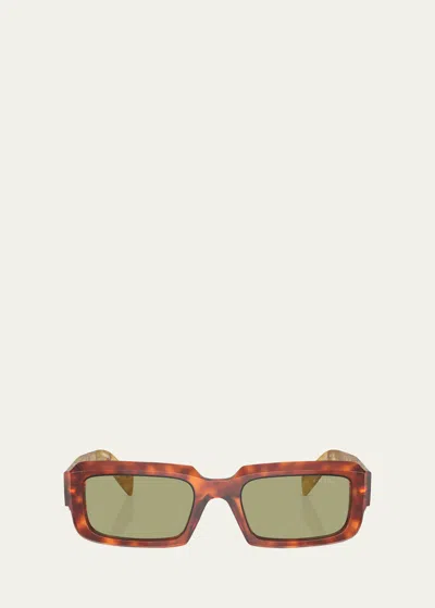 Shop Prada Geometric Logo Acetate & Plastic Rectangle Sunglasses In Green