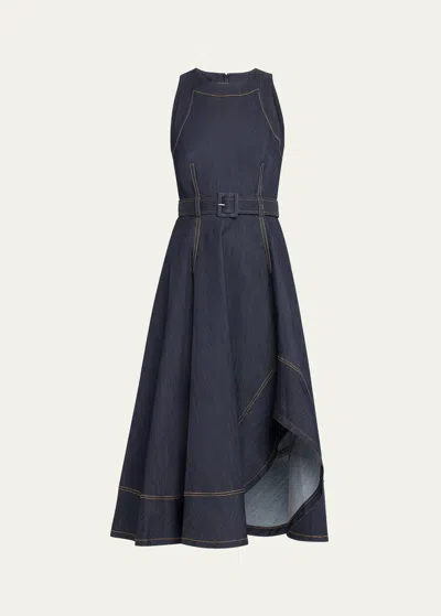 Shop Cinq À Sept Zelda Belted Asymmetric Sleeveless Denim Midi Dress In Indigo