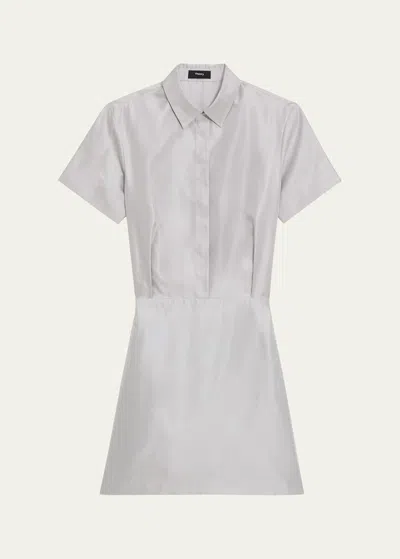 Shop Theory Silk Short-sleeve Mini Shirtdress In Ice Grey