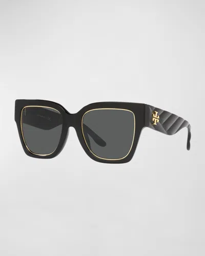 Shop Tory Burch Golden Rim Square Acetate Sunglasses In Black