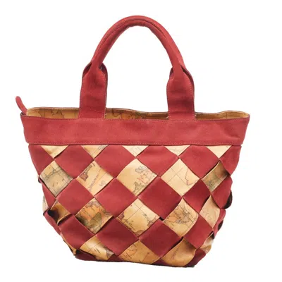 Shop Alviero Martini 1a Classe Beige/red Geo Print Woven Coated Canvas And Suede Tote