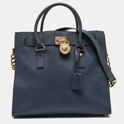 Shop Michael Michael Kors Navy Leather Large Hamilton North South Tote In Blue