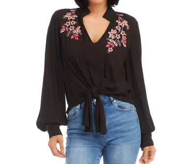 Karen Kane Embroidered Tie Front Top In Black In Black