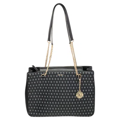 Shop Dkny Signature Leather Chain Tote In Black