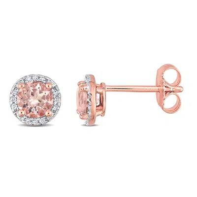 Mimi & Max 1 Ct Tgw Morganite And Diamond Halo Stud Earrings In Rose Silver In Pink