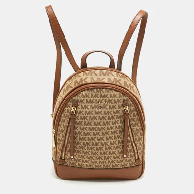 Shop Michael Kors Beige/tan Signature Canvas And Leather Backpack