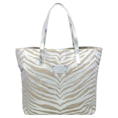 Shop Michael Kors Silver/beige Canvas And Patent Leather Tote