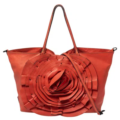 Shop Valentino Leather Petale Rose Shopper Tote In Orange