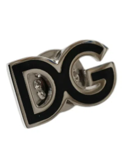 Shop Dolce & Gabbana Black Dg Logo Silver Tone Brass Pin Brooch