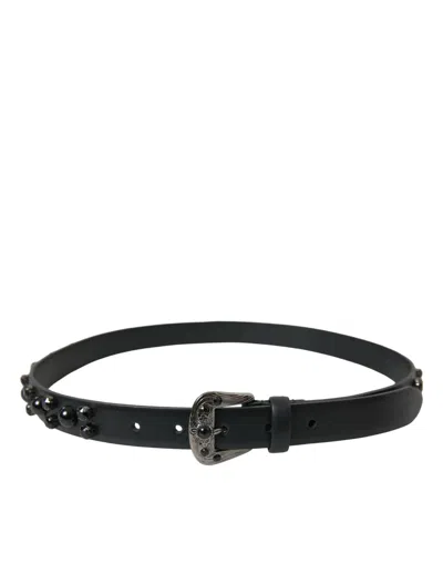 Shop Dolce & Gabbana Black Embellished Leather Engraved Buckle Belt