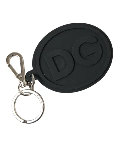 Dolce & Gabbana Black Rubber Dg Logo Silver Brass Metal Keyring Keychain In Black