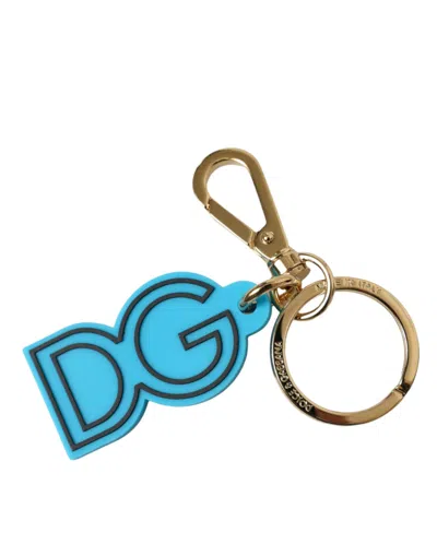 Shop Dolce & Gabbana Blue Rubber Gold Tone Metal Dg Logo Keyring Keychain