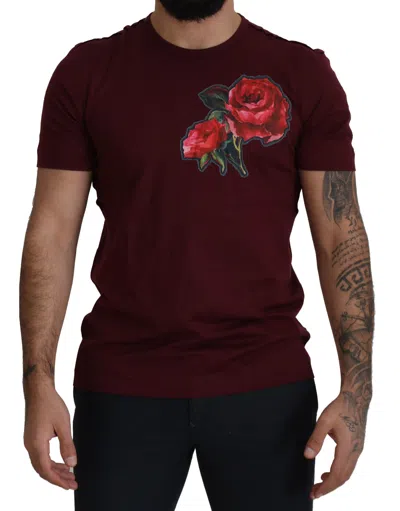 Shop Dolce & Gabbana Bordeaux Roses Cotton Crewneck T-shirt