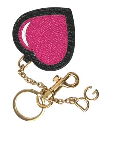 Shop Dolce & Gabbana Pink Black Heart Leather Gold Tone Brass Keyring Keychain