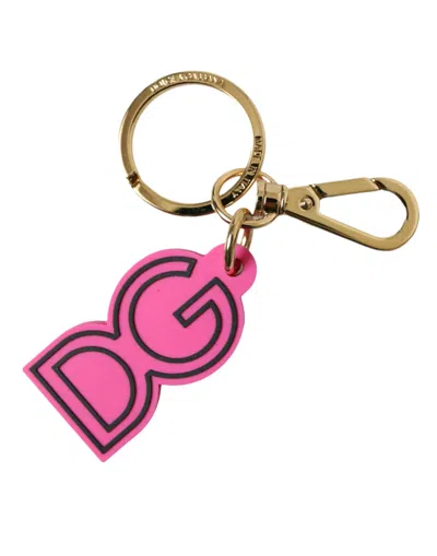 Shop Dolce & Gabbana Pink Rubber Gold Tone Metal Dg Logo Keyring Keychain