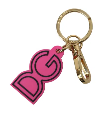 Shop Dolce & Gabbana Pink Rubber Gold Tone Metal Dg Logo Keyring Keychain