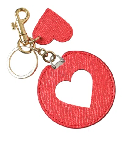 Shop Dolce & Gabbana Red Heart Calf Leather Gold Tone Brass Keyring Keychain