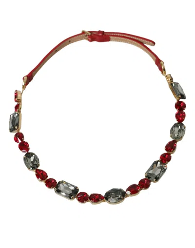 Shop Dolce & Gabbana Red Leather Crystal Chain Waist Belt