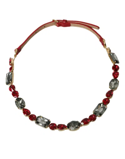 Dolce & Gabbana Red Leather Crystal Chain Waist Belt In Red