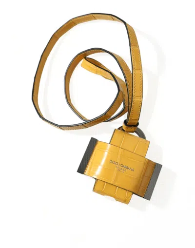 Shop Dolce & Gabbana Yellow Crocodile Leather Logo Print Lanyard Keychain