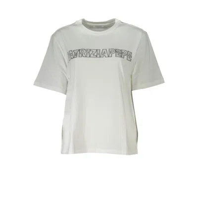 Shop Patrizia Pepe Elegant Short Sleeve Crew Neck T-shirt With Rhinestone Detail In White