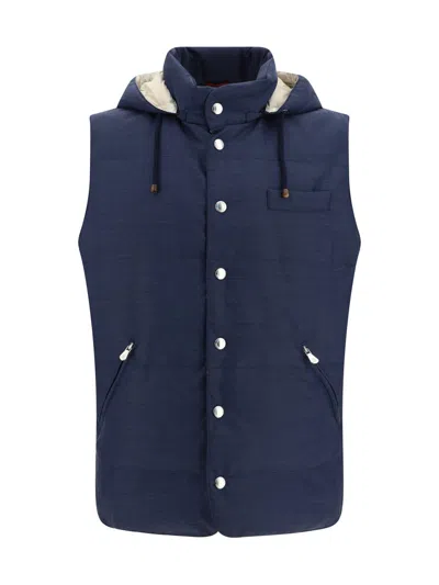 Shop Brunello Cucinelli Down Jackets In Blu Colorato+semi Di Lino