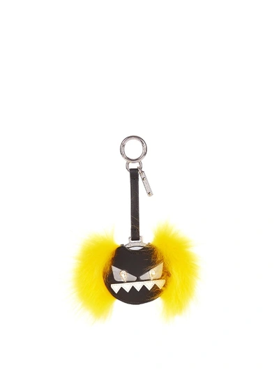 Fendi Fox-fur And Leather Bag Charm In Nr+giallo Fluo+mlc+p