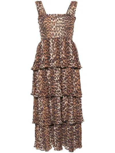 Shop Ganni Leopard Print Midi Dress In Brown